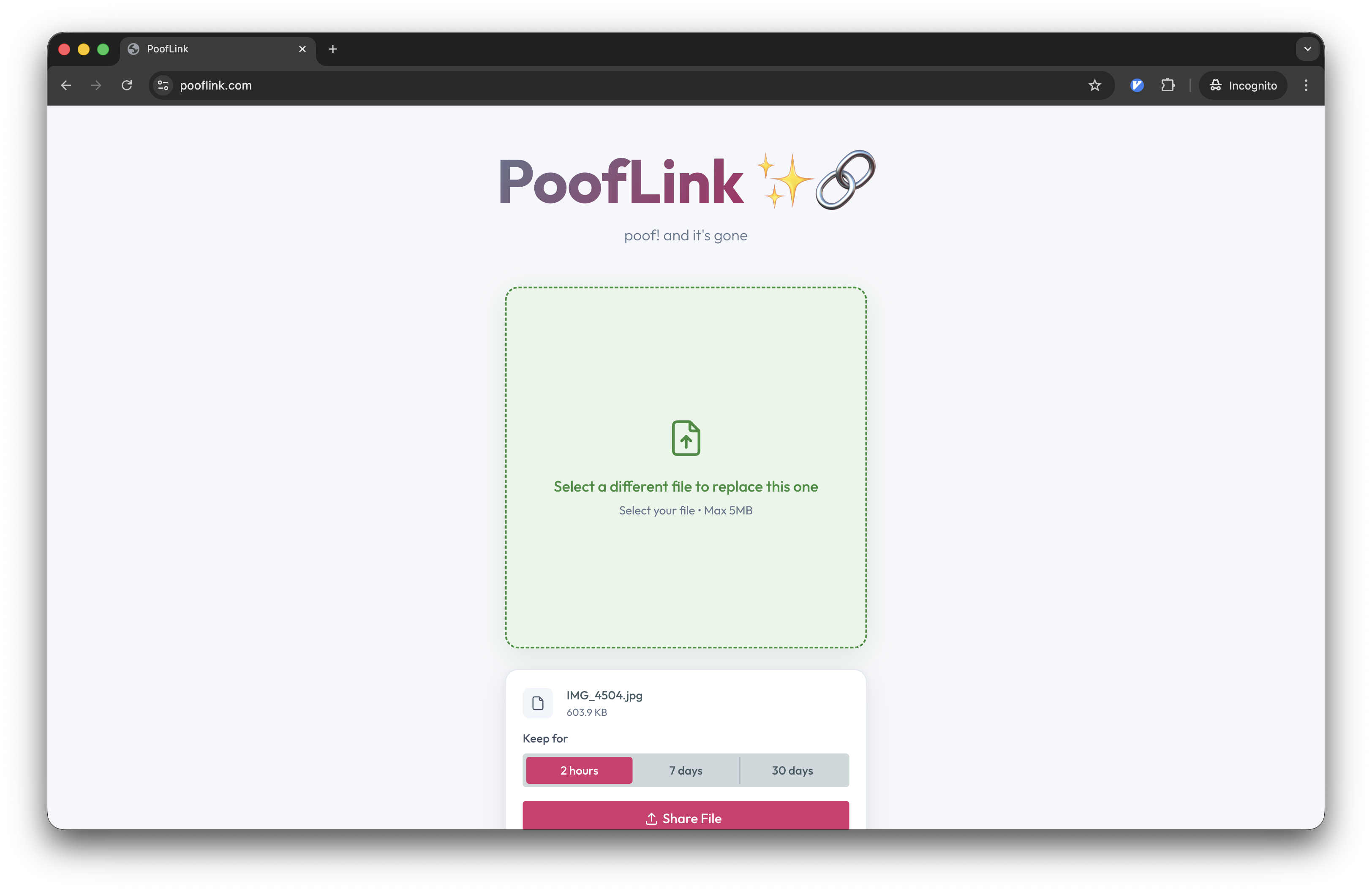 PoofLink share link screen